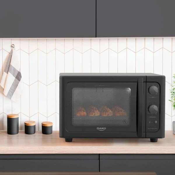 Horno Dako -Grill, Timer 120 Minutos, 44 Litros, 1.750 W. Control de temperatura de 90 a 300º C, Horno Limpia Facil, Puerta de Doble vidrio.